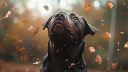 A close-up of a black dog gazing upwards as falling autumn leaves swirl around, capturing the essence of nature's beauty and the bond between animals and their surroundings.
