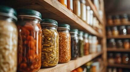 An organized collection of colorful jars filled with various preserved foods, showcasing a rustic charm and the importance of food storage and preparation in a domestic setting.