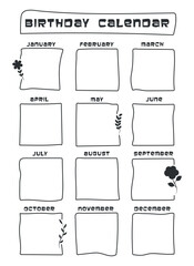 2026 Birthday Calendar - One Page Yearly Reminder Planner Doodle Style Vector Minimalistic Calendar