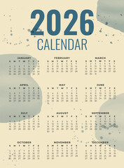Calendar for the whole year 2026 with watercolor spots. All months on one page. Perfect for printing, interior decoration, planning, gifts and crafts. Vector illustration in retro style