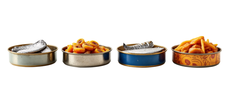 A set of three metal bowls filled with different types of food.