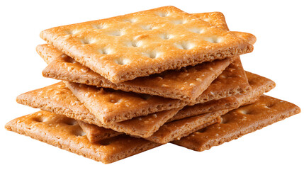 A stack of crackers with a white background. The crackers are golden brown and have a slightly crispy texture