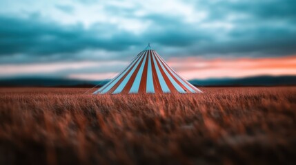 A vibrant striped circus tent stands alone in an expansive field, evoking a sense of nostalgia and wonder against a dramatic sky at sunset.