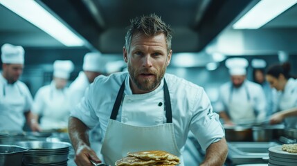 A focused chef stands in a bustling kitchen, skillfully preparing pancakes, highlighting the artistry and dedication behind culinary creations and the hustle of the food industry.