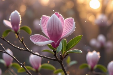 Fototapeta premium Blooming Pink Magnolia Flowers in Spring Morning Light with Dew and Sunflare, Romantic Floral Nature Scene for Seasonal Beauty and Botanical Concepts