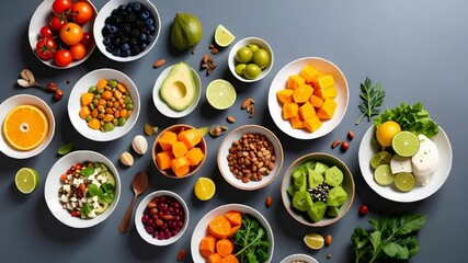 Nutrient-Rich Array: An overhead shot presents an assortment of vibrantly colored superfood ingredients in individual white bowls, suggesting wholesome eating, healthy cooking, and dietary diversity.