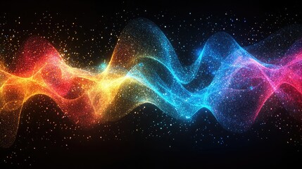 Obraz premium Colorful glowing waves of particles on a dark background.
