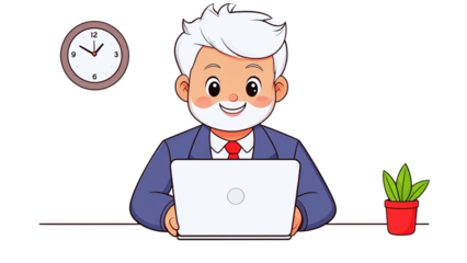 A cartoon doctor holding a clipboard talks to a businessman working on a laptop, while a chef cooks food in a restaurant