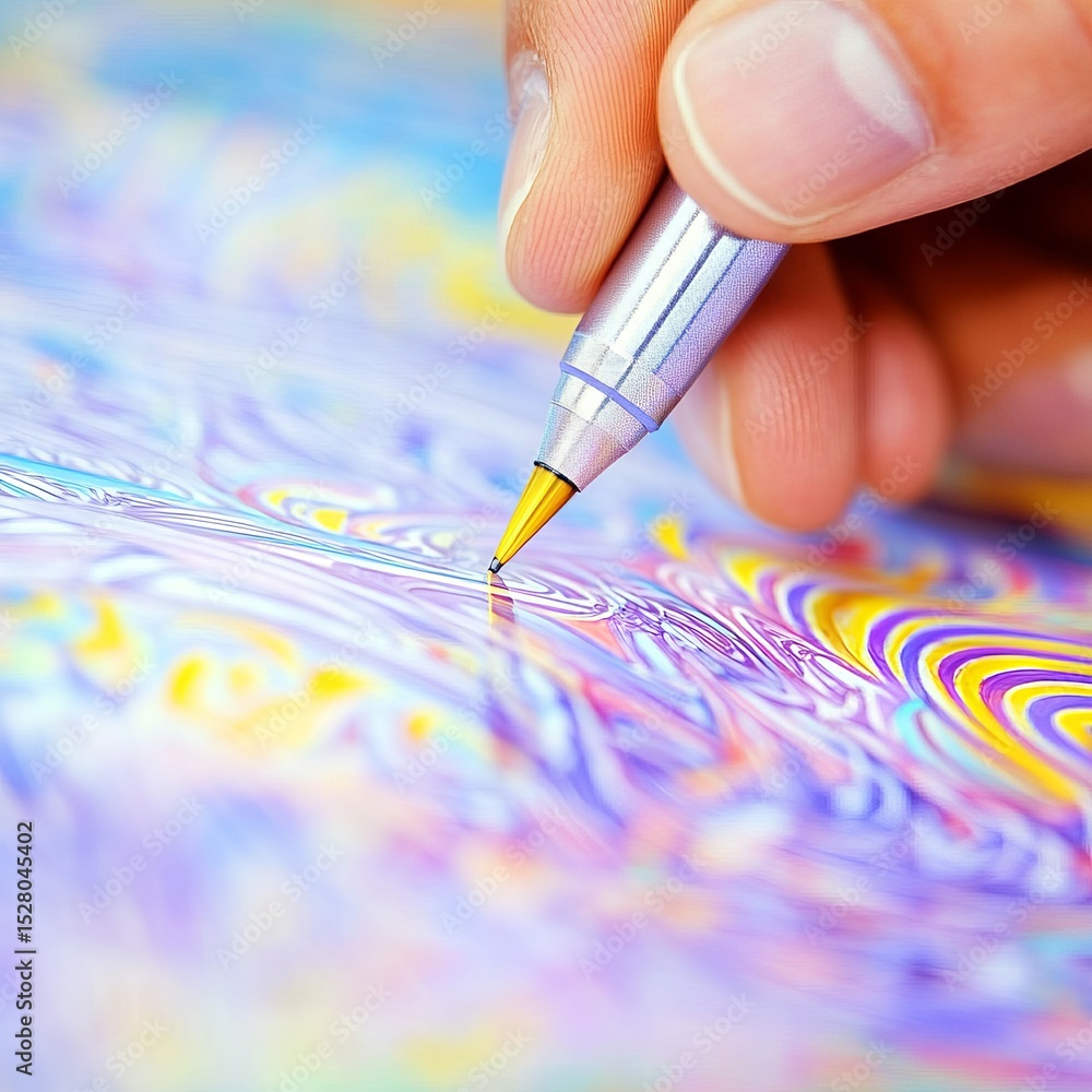 Poster close-up of a hand holding a silver pen, creating intricate patterns on colorful marbled paper, show