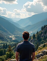 Naklejka premium man observing majestic nature in a generative ai artwork, top view of man gazing at a beautiful natural landscape, with ample copy space at the bottom for text.