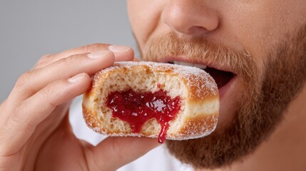 Close-up, man taking a bite of jelly donut, red jam filling oozes out.