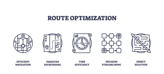 Route optimization is illustrated with icons of navigation, maps, and decision paths, representing efficiency and direct solutions. Outline icons set © VectorMine