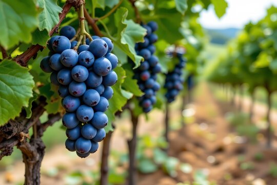 ripe dark purple grapes hanging from a vine in a vineyard, subject on the left with copy space on the right.