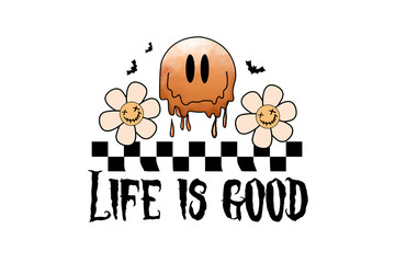 Life Is Good – Cute Halloween Smiley with Checkered Pattern Sublimation Design
