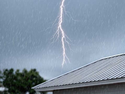 Lightning strike during heavy rain, near house with metal roof, thunderstorm, dangerous weather.