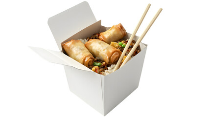 A box of food with chopsticks in it. The food is a mix of rice and meat