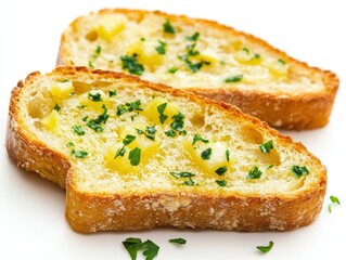 Delicious garlic bread slices with parsley close up view