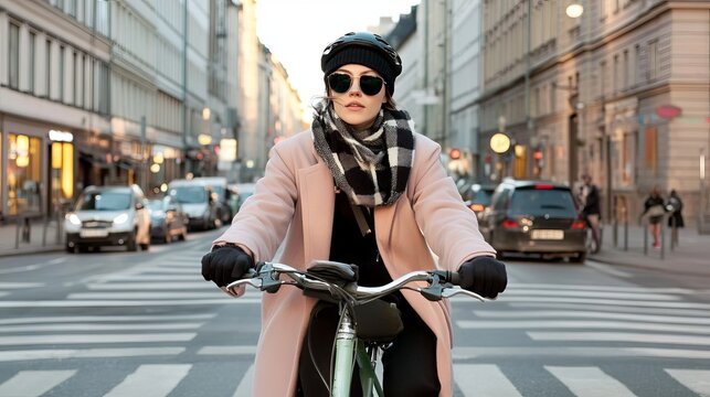 Stylish woman in a pink coat and black scarf rides bicycle on urban street, surrounded by cars and buildings, showcasing modern city lifestyle and eco-friendly transportation - Powered by Adobe