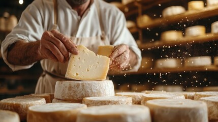 An artisan cheese maker skillfully shapes a large wheel of cheese, highlighting traditional techniques, craftsmanship, and the passion for quality dairy production in a rustic shop.