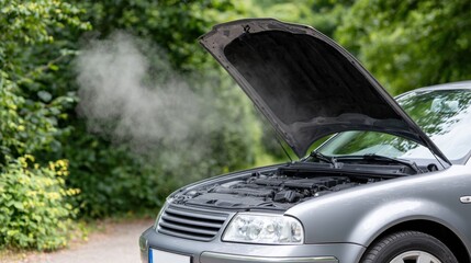 Overheated car engine emitting smoke, hood open on roadside with greenery.