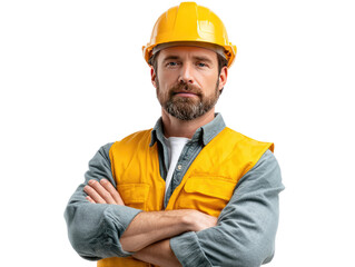 Confident Constructor: A skilled construction worker, sporting a bright yellow hard hat and safety vest, poses with arms crossed. He looks with a composed expression.