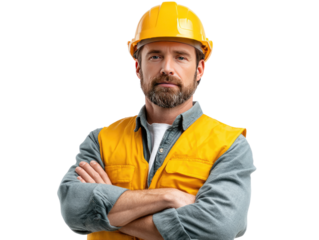 Confident Constructor: A skilled construction worker, sporting a bright yellow hard hat and safety vest, poses with arms crossed. He looks with a composed expression.