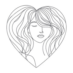 Woman head in heart,vector linear illustration. One Line style drawing. Minimalist Logo.