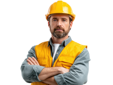 Confident Constructor: A skilled construction worker, sporting a bright yellow hard hat and safety vest, poses with arms crossed. He looks with a composed expression.