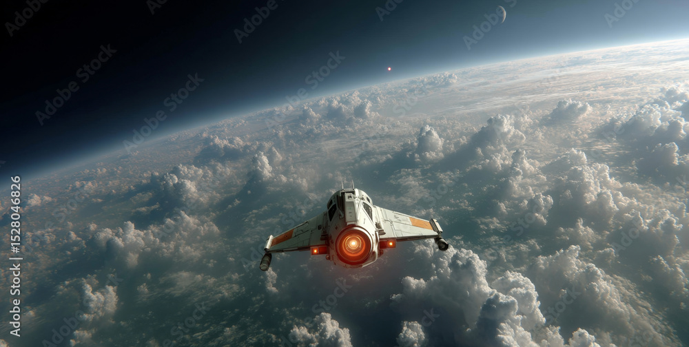 Poster A robot spacecraft engages in a space exploration mission, navigating through clouds in the atmosphere of a distant planet.