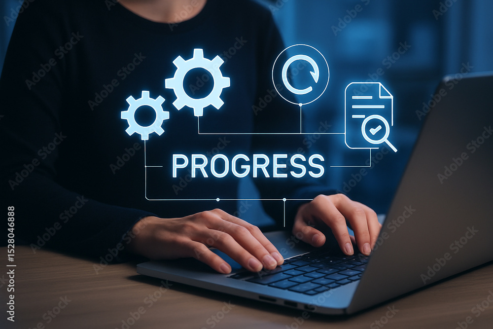 Poster tracking progress with automation tools and workflow management on laptop for business success
