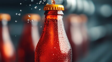 A mouthwatering image of a refreshing soft drink bottle showcasing droplets of condensation and bubbles, highlighting its thirst-quenching appeal and vibrant colors.