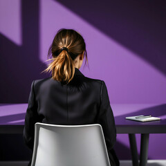 Back view of woman sitting alone in office with purple wall