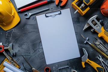 High Detail Image of Empty Clipboard and Repair Tools with Copy Space
