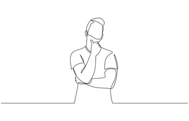 Continuous one line drawing of businessman thinking with his hand on his chin, Crossing left arm,right hand touching at chin. Man pose thinking in single line draw illustration. Editable stroke.