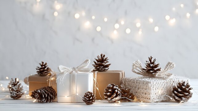 Festive presents and pine cones arranged with string lights on a white surface holiday display