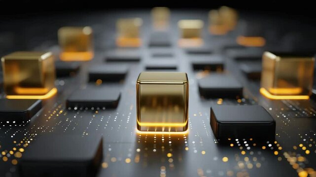 Golden cubes and black squares on a glowing circuit board symbolize advanced technology and digital innovation.