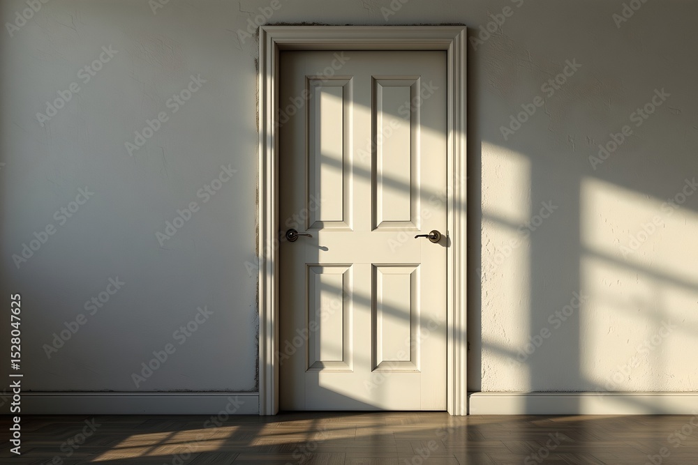 Poster digital art emphasizing light and shadow on a simple door scenario, with minimal texture.
