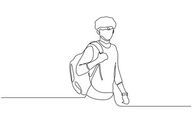 Continuous single one line drawing art of college campus student man with bag backpack, College campus student man with bag backpack and stack books. Editable stroke vector illustration.