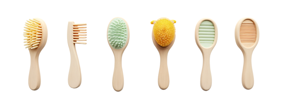 A row of wooden brushes with different colored bristles.