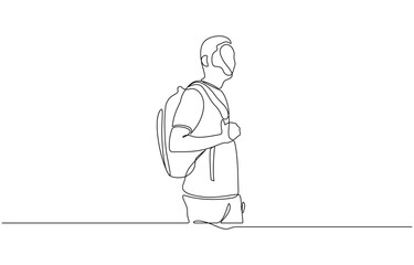 Continuous single one line drawing art of college campus student man with bag backpack, College campus student man with bag backpack and stack books. Editable stroke vector illustration.