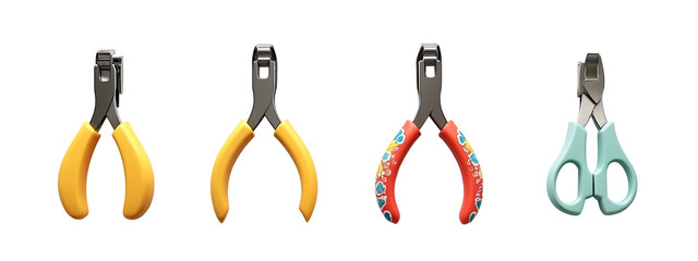 A set of four different colored pliers