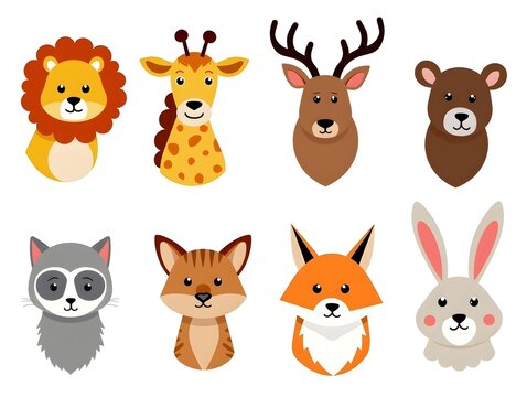Nine Wildlife Animal Head Portraits Lion, Giraffe, Bear, Deer, Owl, Cat, Fox, Rabbit
