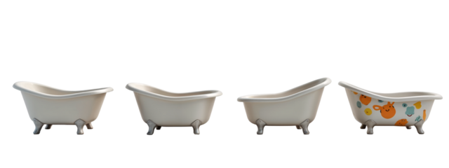 A set of three white bathtubs sitting next to each other.