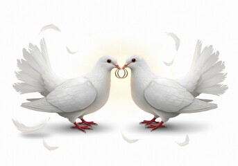 Fototapeta premium Two white doves face each other tenderly, holding two golden wedding rings in their beaks. Soft feathers float around them, symbolizing love, peace, and unity in a romantic and elegant scene.