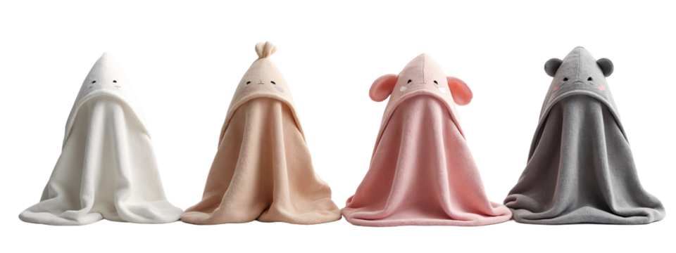 A group of four different colored hooded blankets with a mouse face on them.