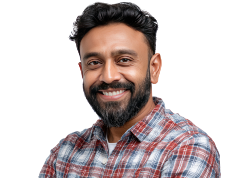 The Confident Smile: A man radiates warmth and approachability with a genuine, engaging smile. This image captures the essence of confidence and positivity.