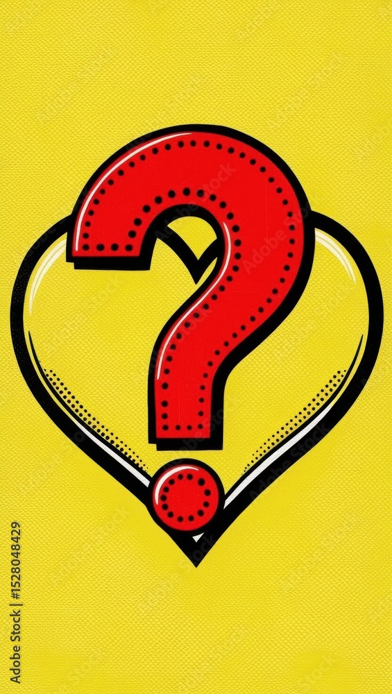 Poster a heart-shaped question mark representing doubt in pop art style.