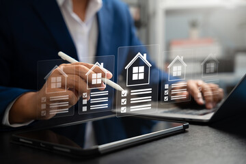 Businessman reviews real estate documents on laptop, Online property management, Digital housing contract, investment planning, Smart organization of real estate transactions using modern tools.