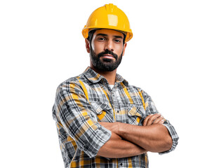 Construction Worker in Protective Gear: A focused construction worker, arms crossed and exuding confidence, models his profession attire against an isolated background.