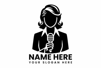 Stylized black silhouette vector logo of professional reporter with microphone for media and journalism industry  